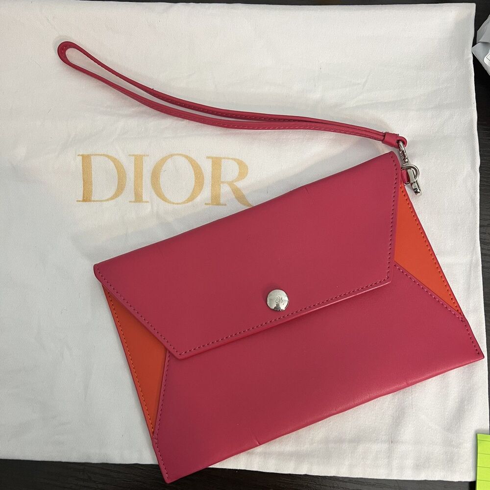 Christian Dior Envelope Clutch Bag Women's Sm Pink Orange Wristlet with Dust Bag